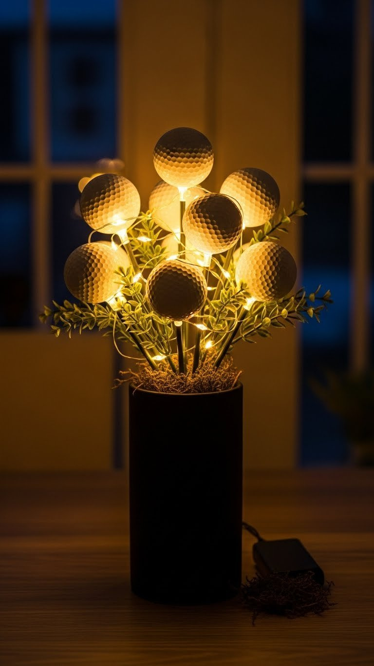 Golf Ball Flower Bouquet: 5 Easy Diy Gift Ideas For Him Illuminated Led Night Golf Ball Bouquet With Warm Fairy Lights, Green Foliage In A Dark Vase On Wood.