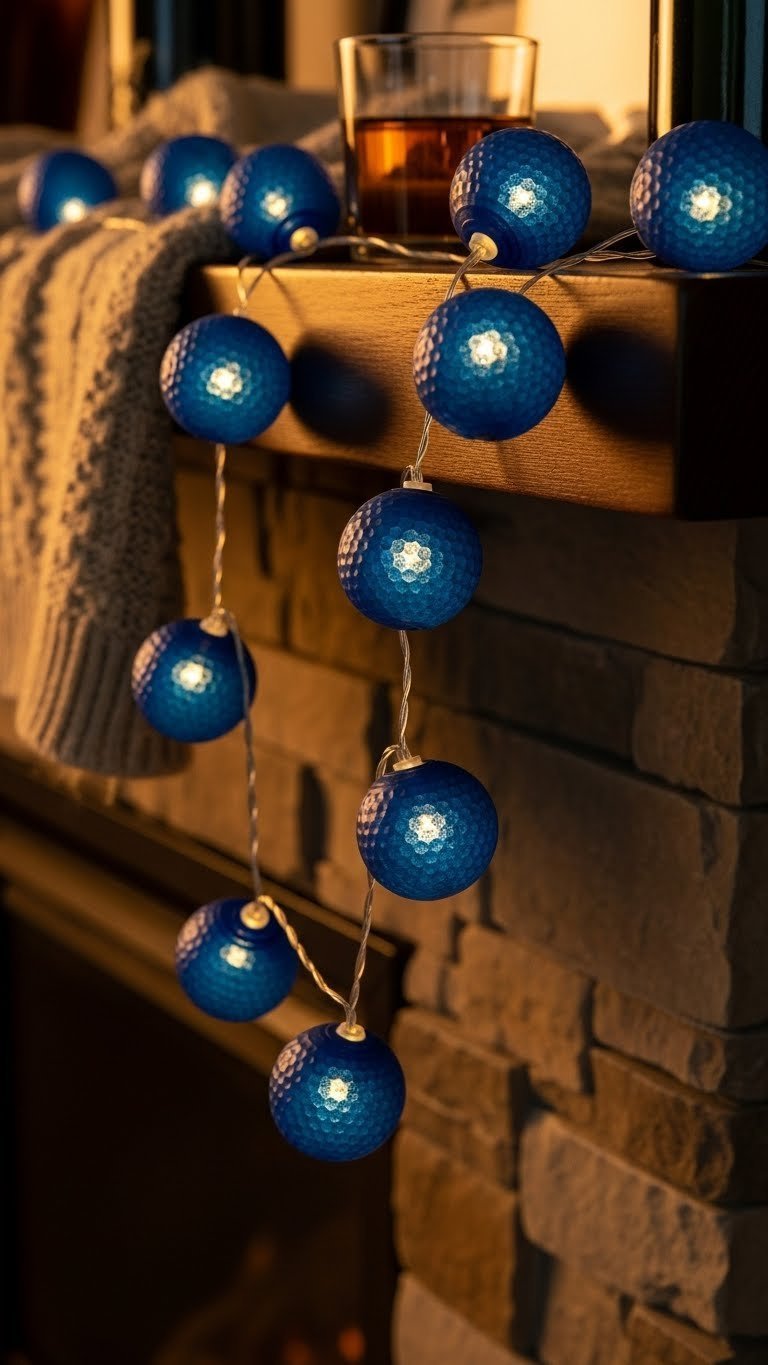 Illuminated Midnight Blue Golf Ball String Lights Draped On A Dark Wooden Fireplace Mantle, Casting A Cozy Glow. Golf Themed Decor.