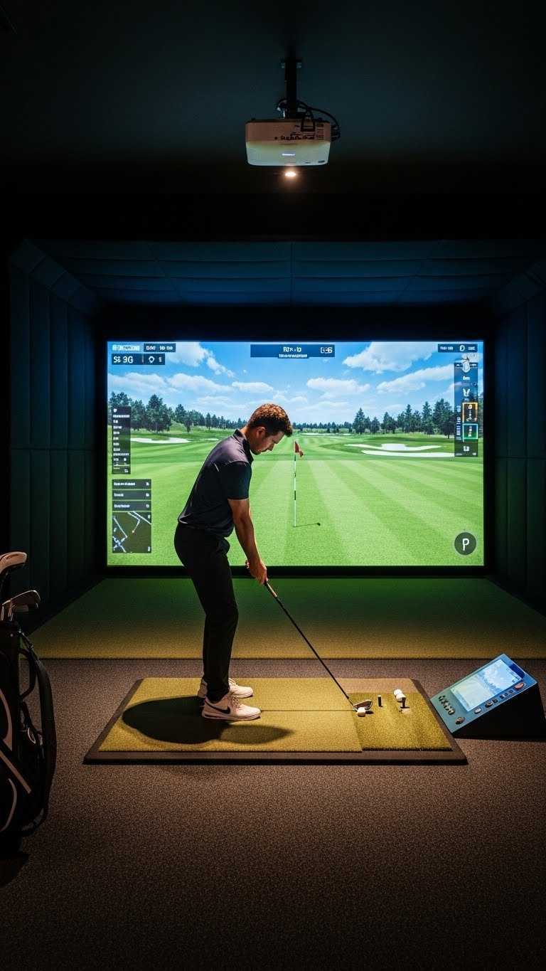Immersive Golf Simulation Environment With Large Hd Impact Screen Displaying Vibrant Virtual Golf Course And Integrated Turf Mat