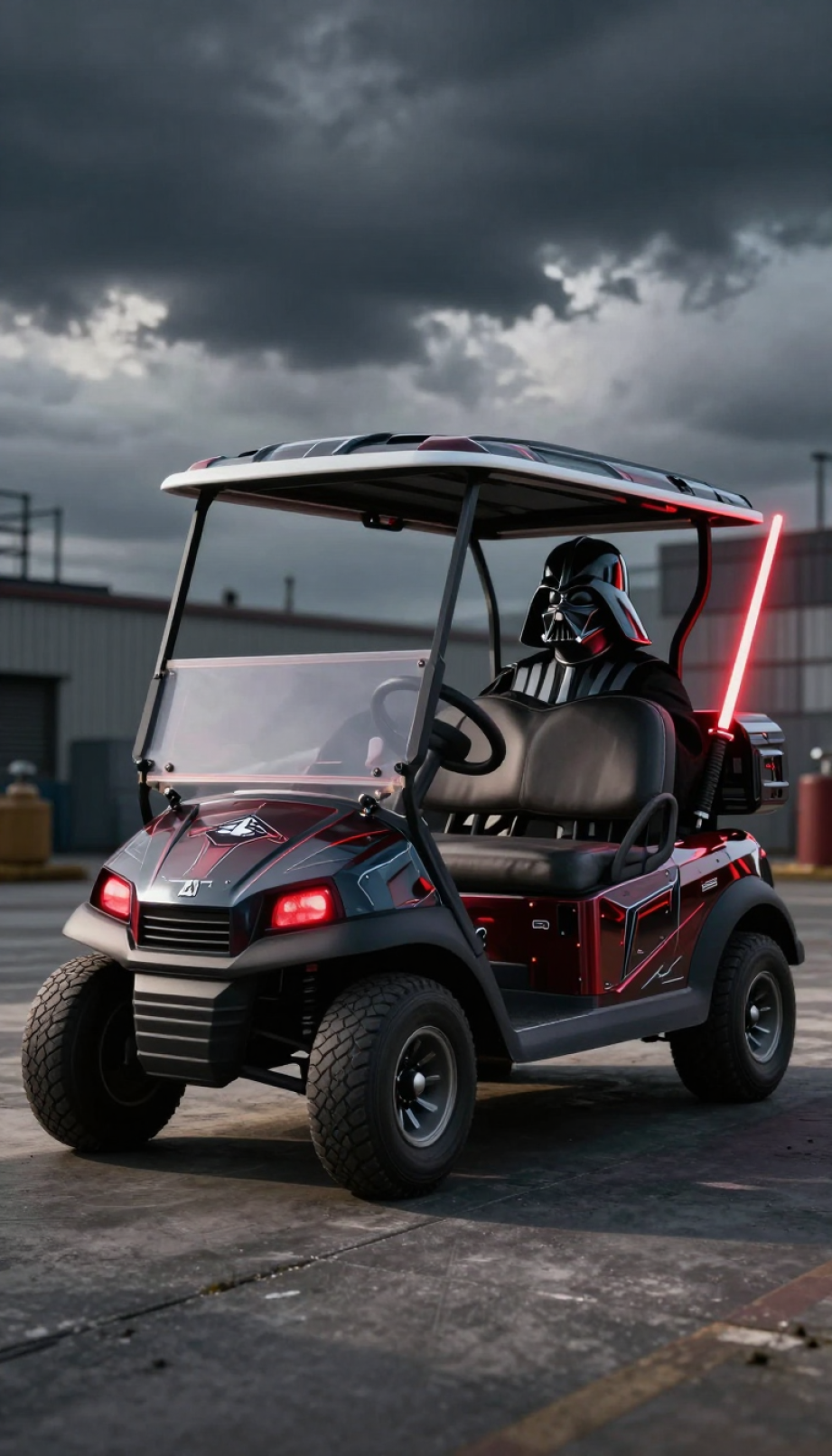 Imperial Star Destroyer Golf Cart With Darth Vader Theme And Dark Angular Design On Imposing Concrete Surface