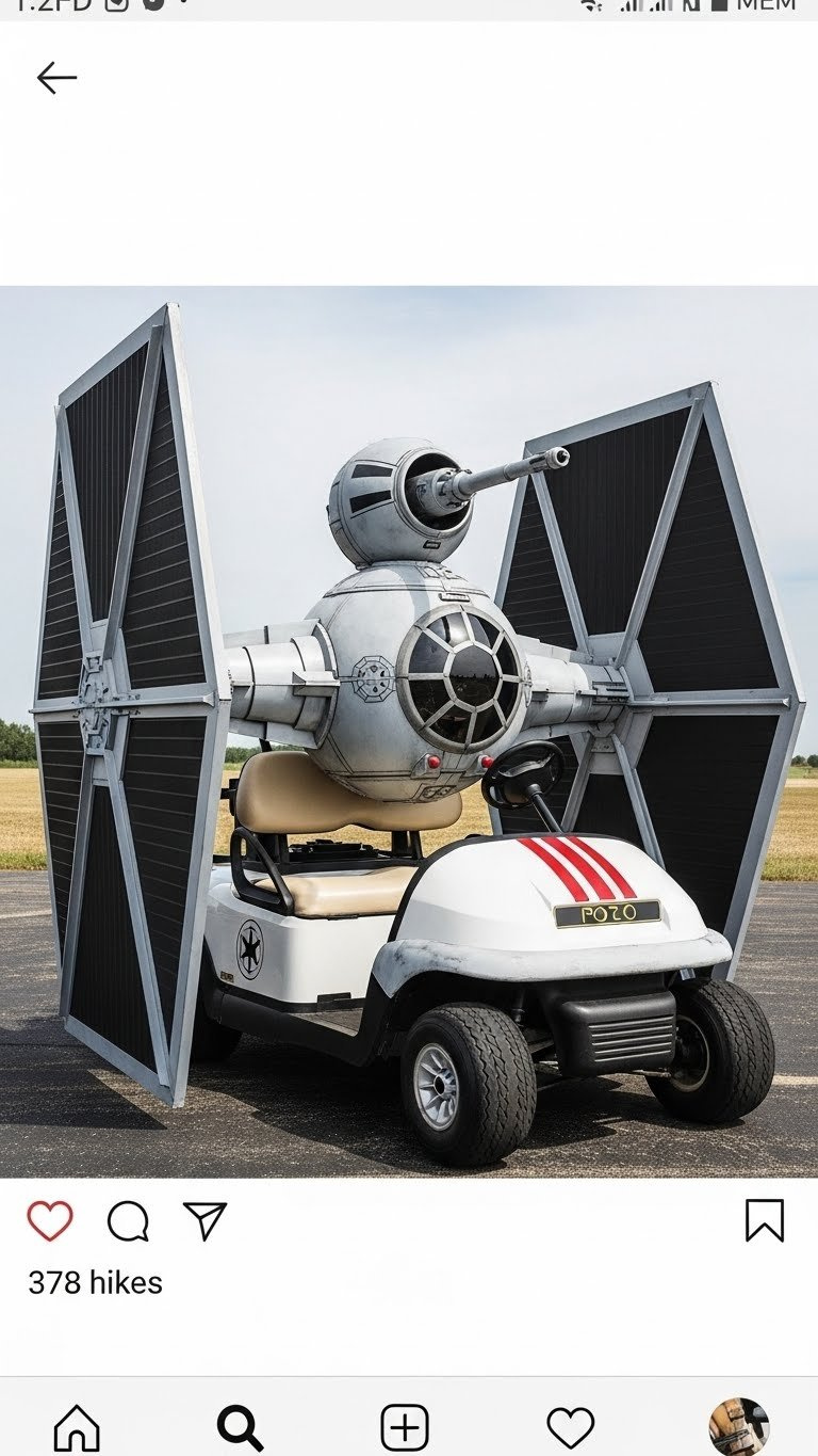 Imperial Tie Fighter Golf Cart With Hexagonal Solar Wings And Spherical Cockpit On Dark Asphalt Surface