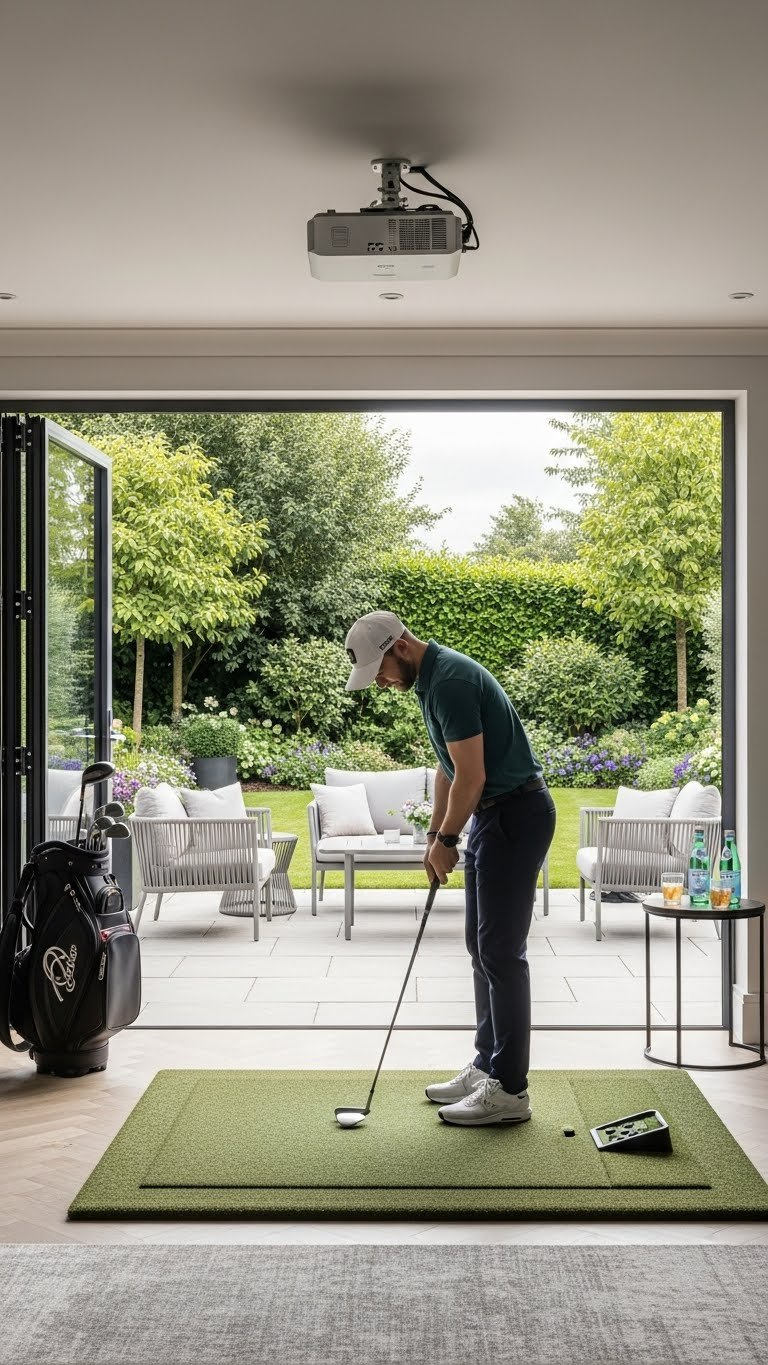 Indoor-Outdoor Golf Simulator Room With Retractable Glass Doors Opening To Manicured Garden And Outdoor Seating Area