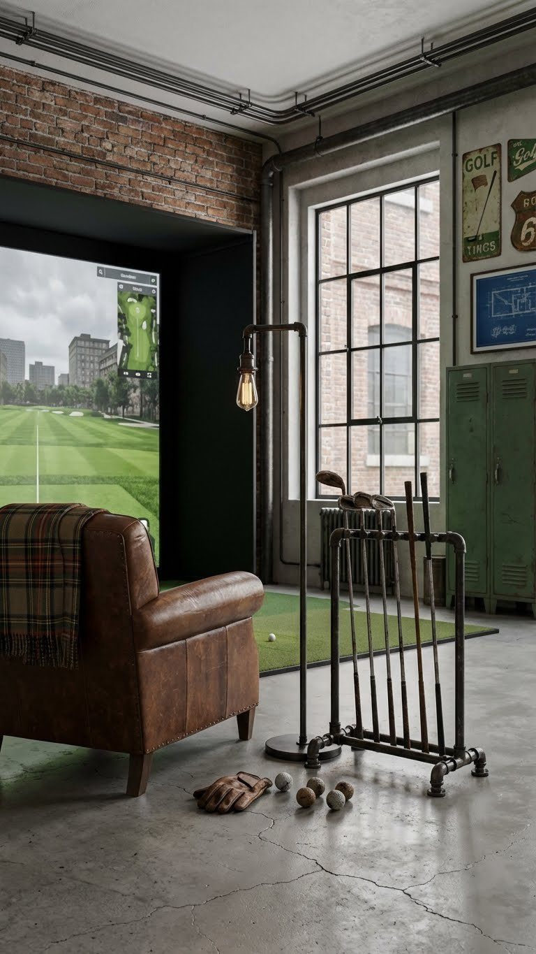 Industrial Chic Golf Simulator With Exposed Brick, Metal Piping, Distressed Leather Sofa, And A High-Contrast Screen.