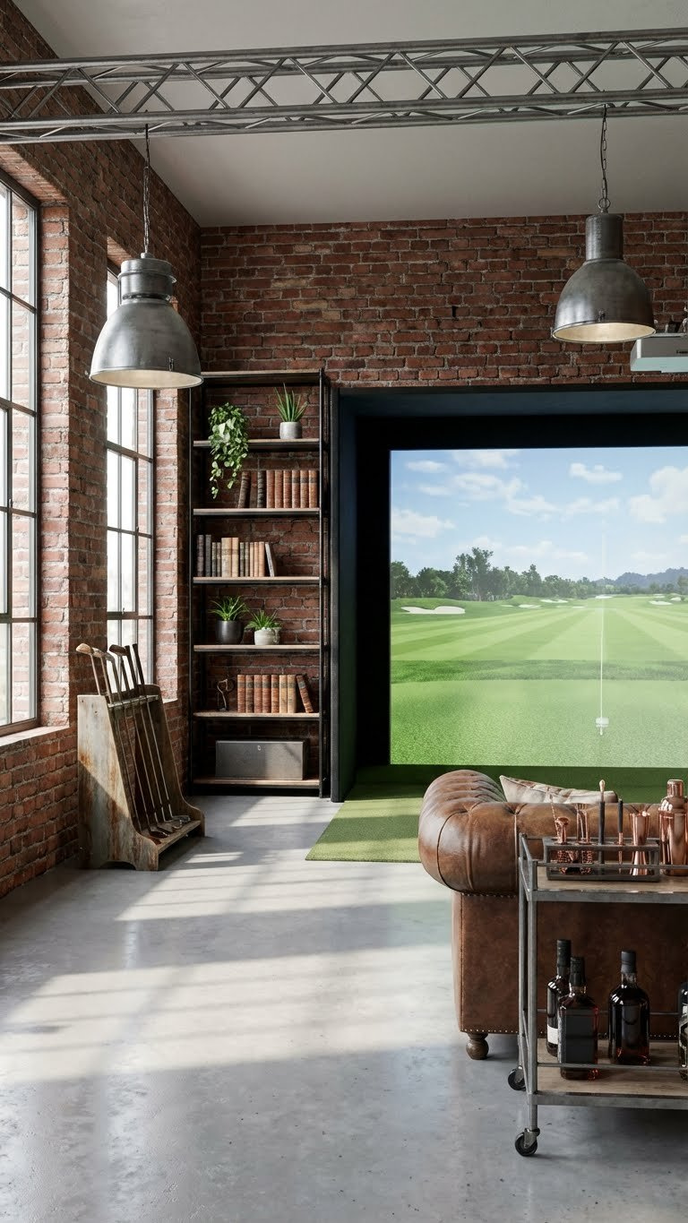 Industrial Chic Golf Simulator Room With Exposed Brick Walls, Metal Accents, Concrete Floor, And Vintage Golf Club Display For A Sophisticated Urban Aesthetic.