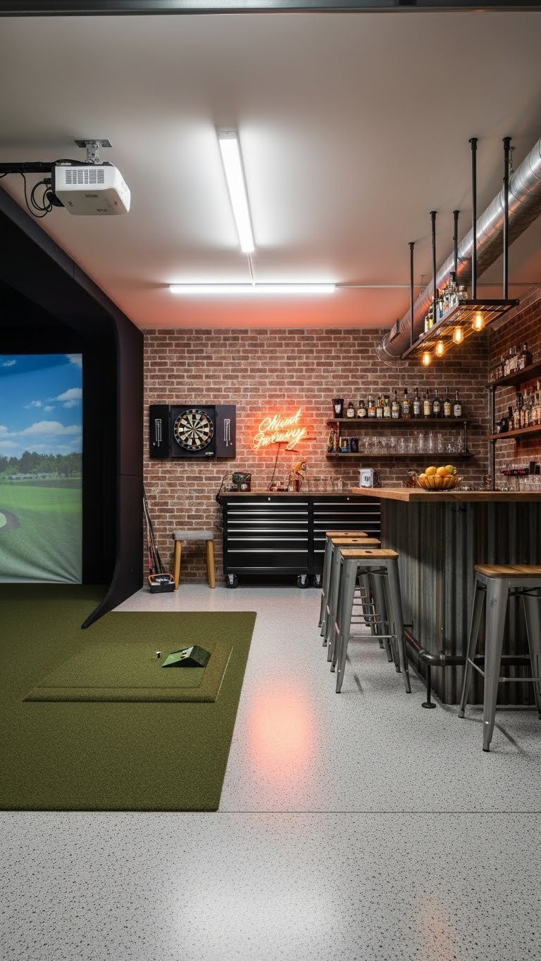 Industrial Garage Golf Simulator Bar With Metal And Wood Counter, Epoxy Floor, And Exposed Brick Wall