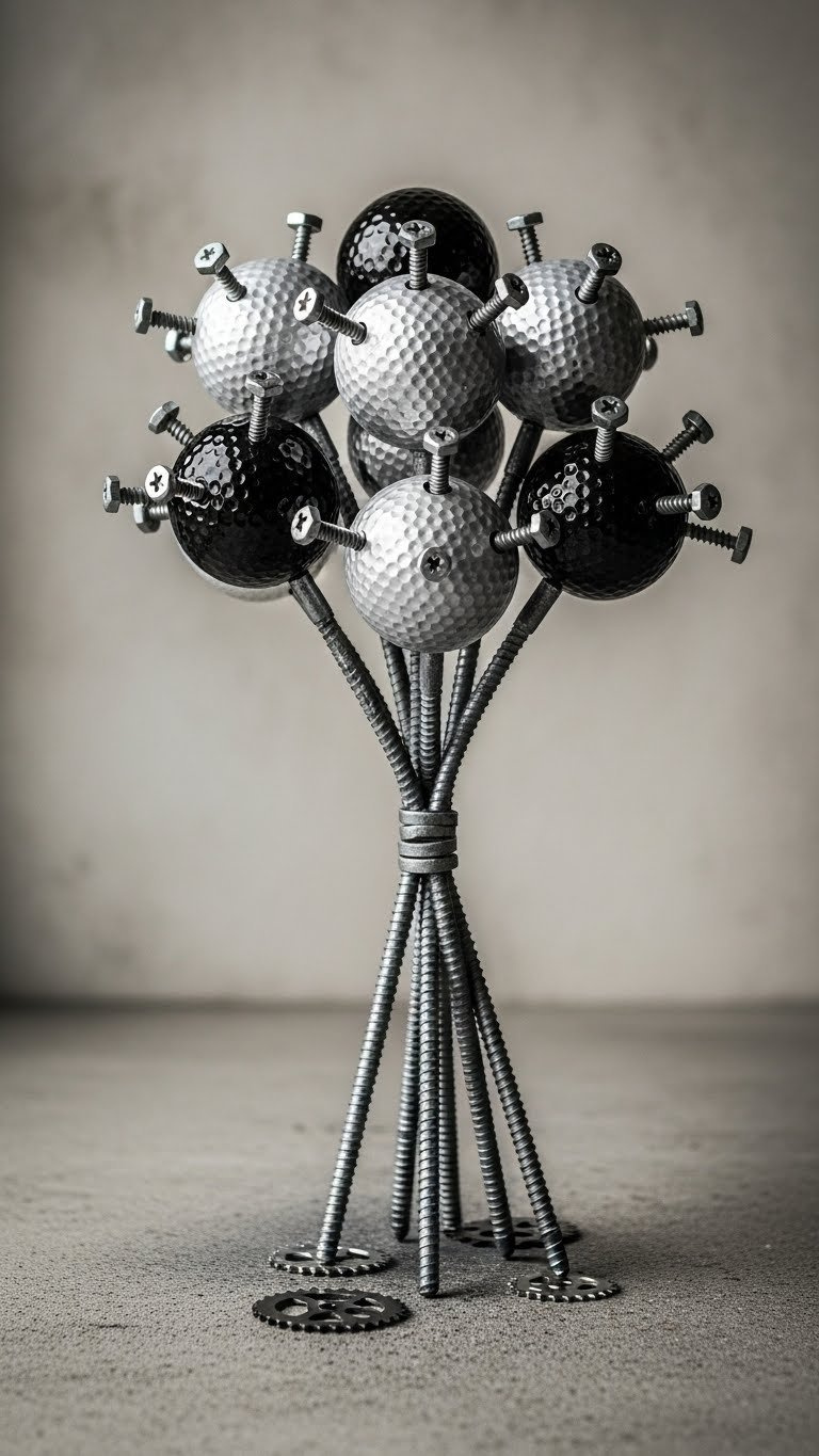 Painted Golf Ball Bouquet: 7 Unique Diy Gift Ideas Industrial Golf Ball Art: Metallic Silver &Amp; Black Balls, Hexagonal Screws As Petals, Metal Stems On Concrete. Dramatic Light.