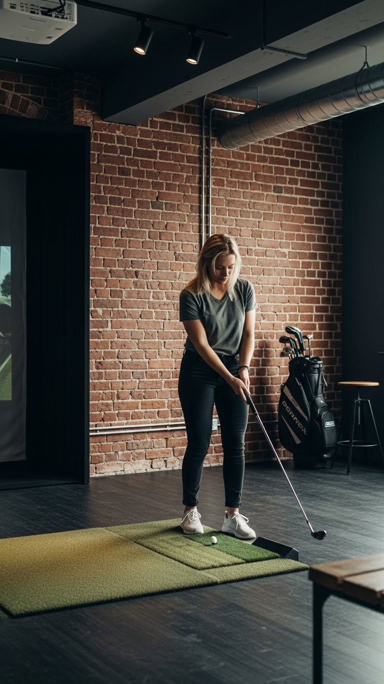 9 Essential Industrial Golf Simulator Room Ideas Industrial Golf Simulator Room With Weathered Red Brick Accent Wall And Sleek Hitting Mat In Moody Lighting