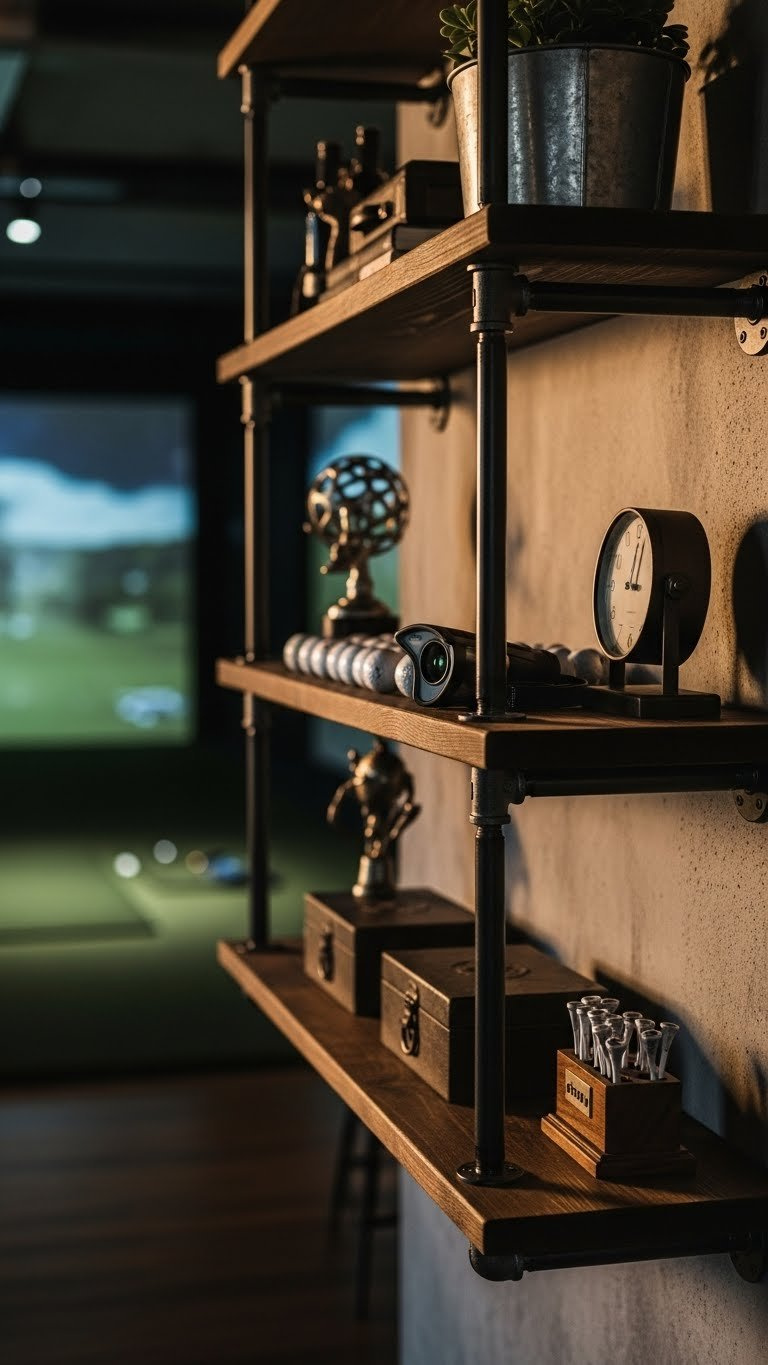 9 Essential Industrial Golf Simulator Room Ideas Industrial Pipe Shelving Unit With Golf Accessories Organized On Dark Wood Shelves Against Concrete Wall