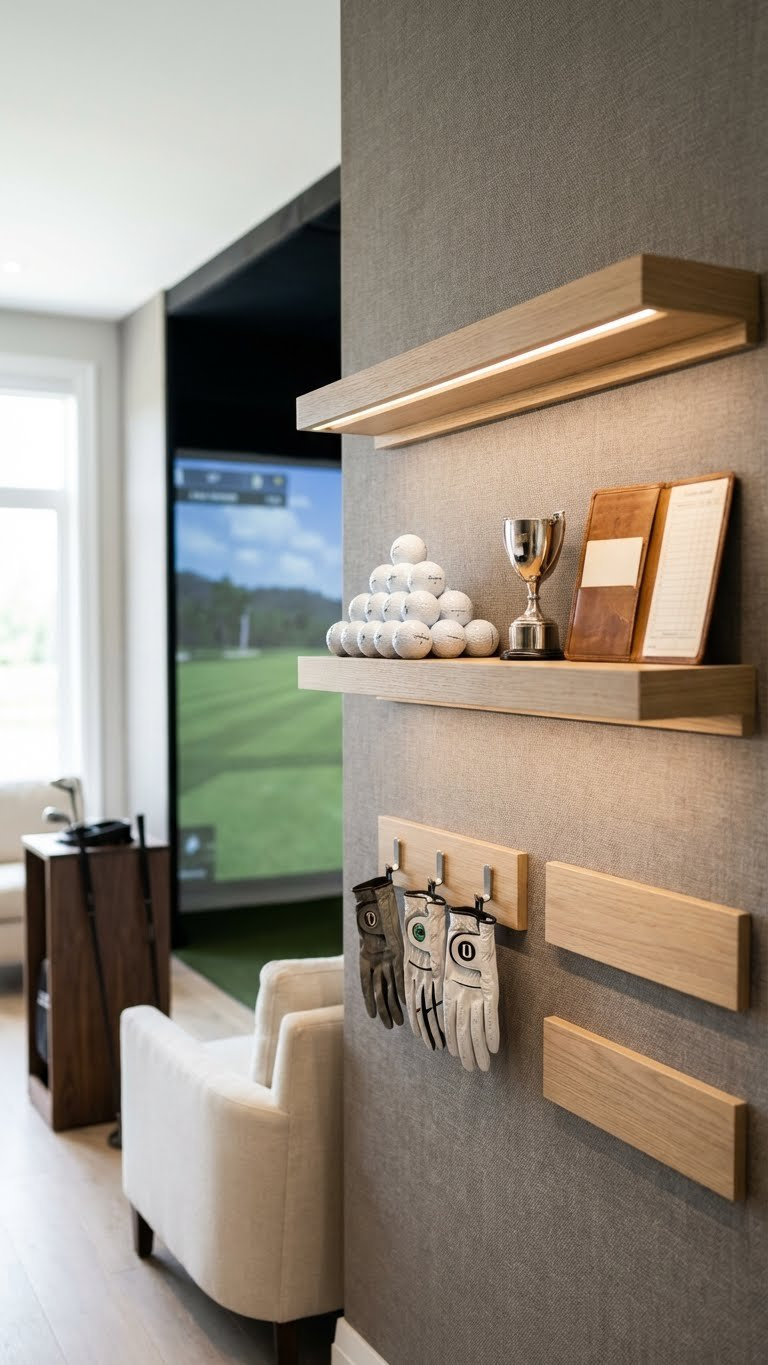 Innovative Integrated Display And Storage Wallpaper With Subtle Shelving For Golf Accessories, Organizing A Stylish Home Golf Simulator.