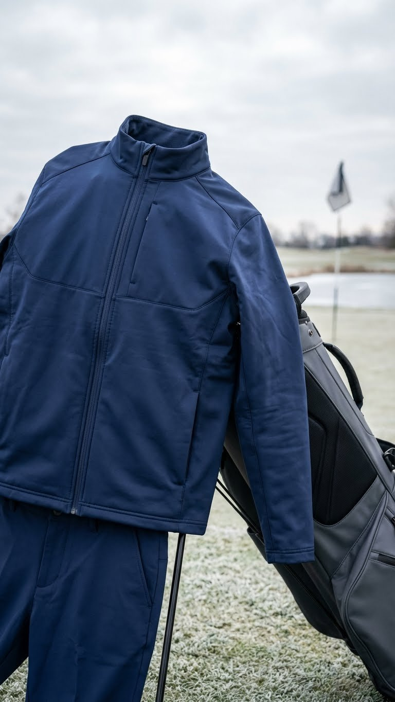 Insulated Blue Softshell Golf Jacket, Windproof And Water-Resistant, Draped On A Golf Bag On A Winter Course.