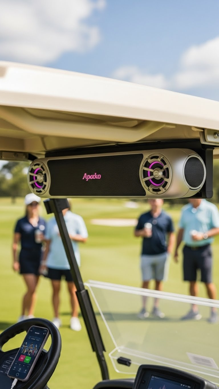 Integrated Sound System With Pink Accents Mounted On Golf Cart For Outdoor Music Entertainment