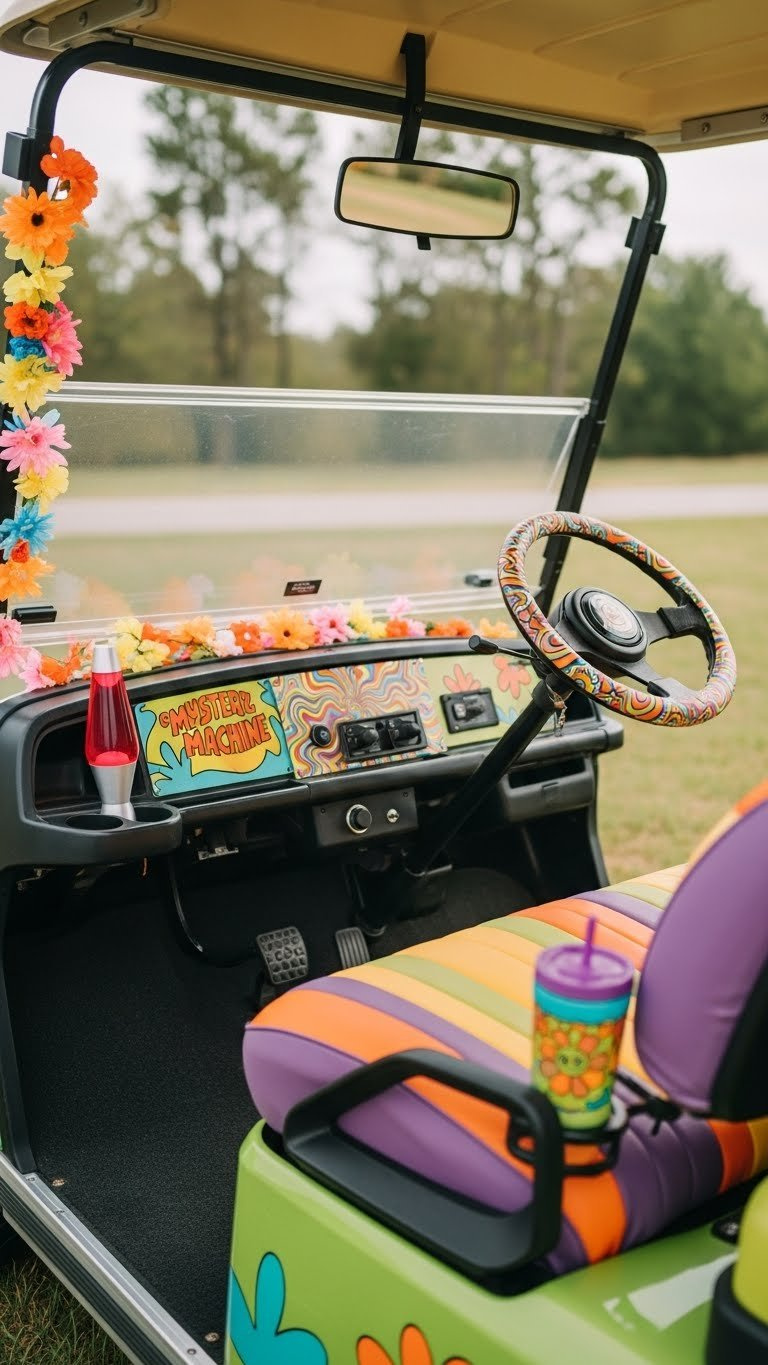 Interior Close-Up Of A Golf Cart Transformed With Retro 70S Mystery Machine Details Including Colorful Seat Covers