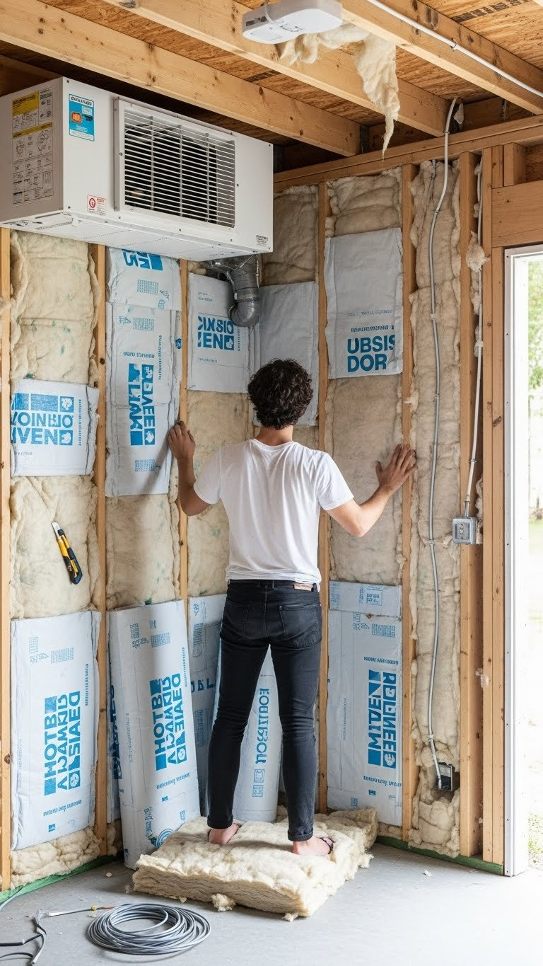 Golf Simulator Shed: Plan, Build, Design &Amp; Cost Guide Interior Of A Golf Simulator Shed Showing Batt Insulation Being Installed Into Wall Cavities And A Modern Mini-Split Hvac Unit.
