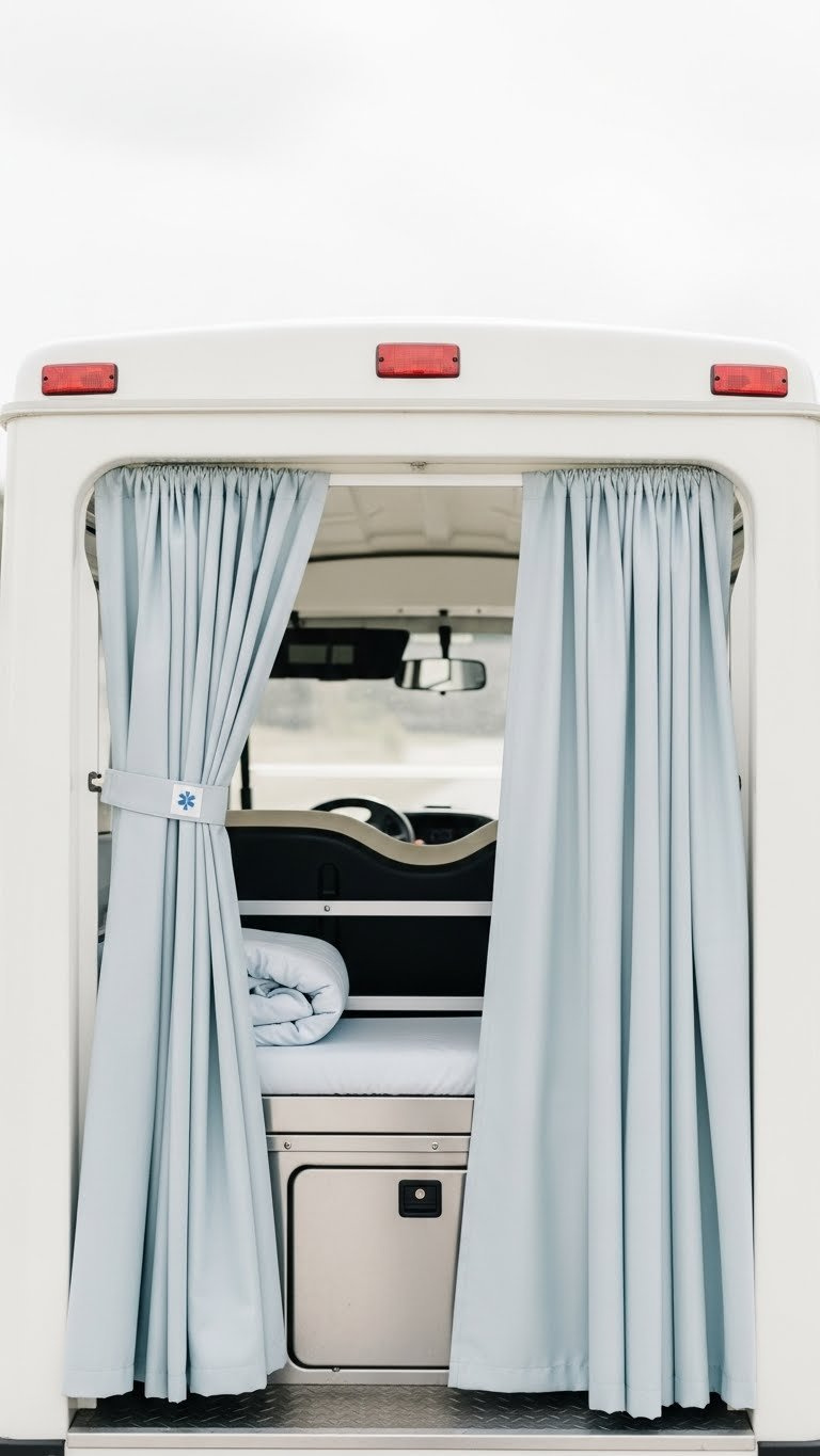 Interior Of Ambulance Golf Cart With White Privacy Curtains Draped Around Windows And Openings
