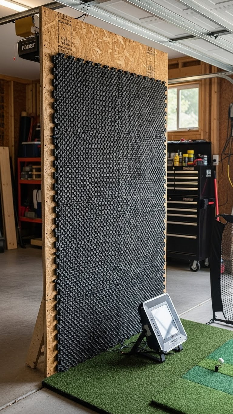 Interlocking Black Foam Gym Mats As Wall Padding For Budget-Friendly Garage Golf Simulator Setup
