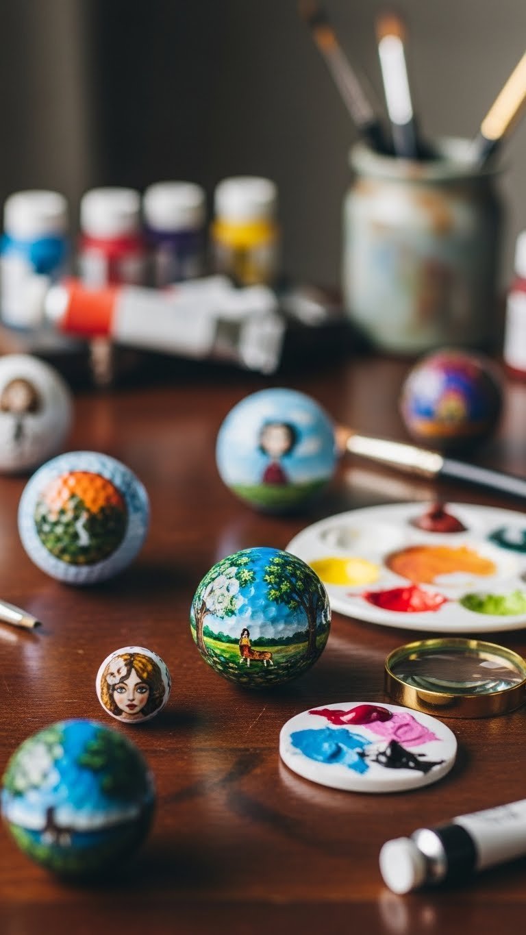 Intricate Miniature Scenes Painted On Golf Balls With Fine Brushwork Displayed On Dark Wood Surface