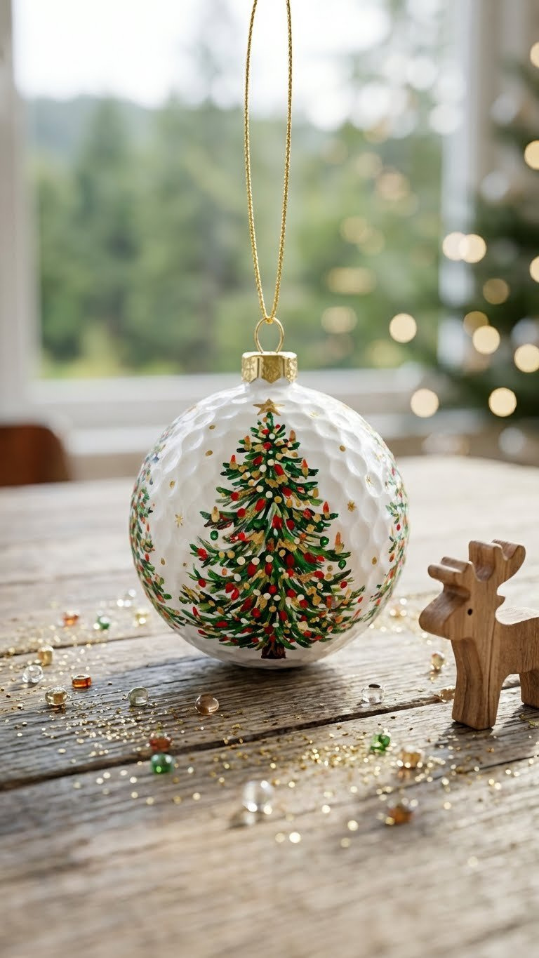 Golf Ball Christmas: 9 Genius Diy Ornament Ideas Intricately Painted Golf Ball Christmas Tree Ornament With Tiny Lights On Rustic Wood, Surrounded By Festive Greens And Glitter.