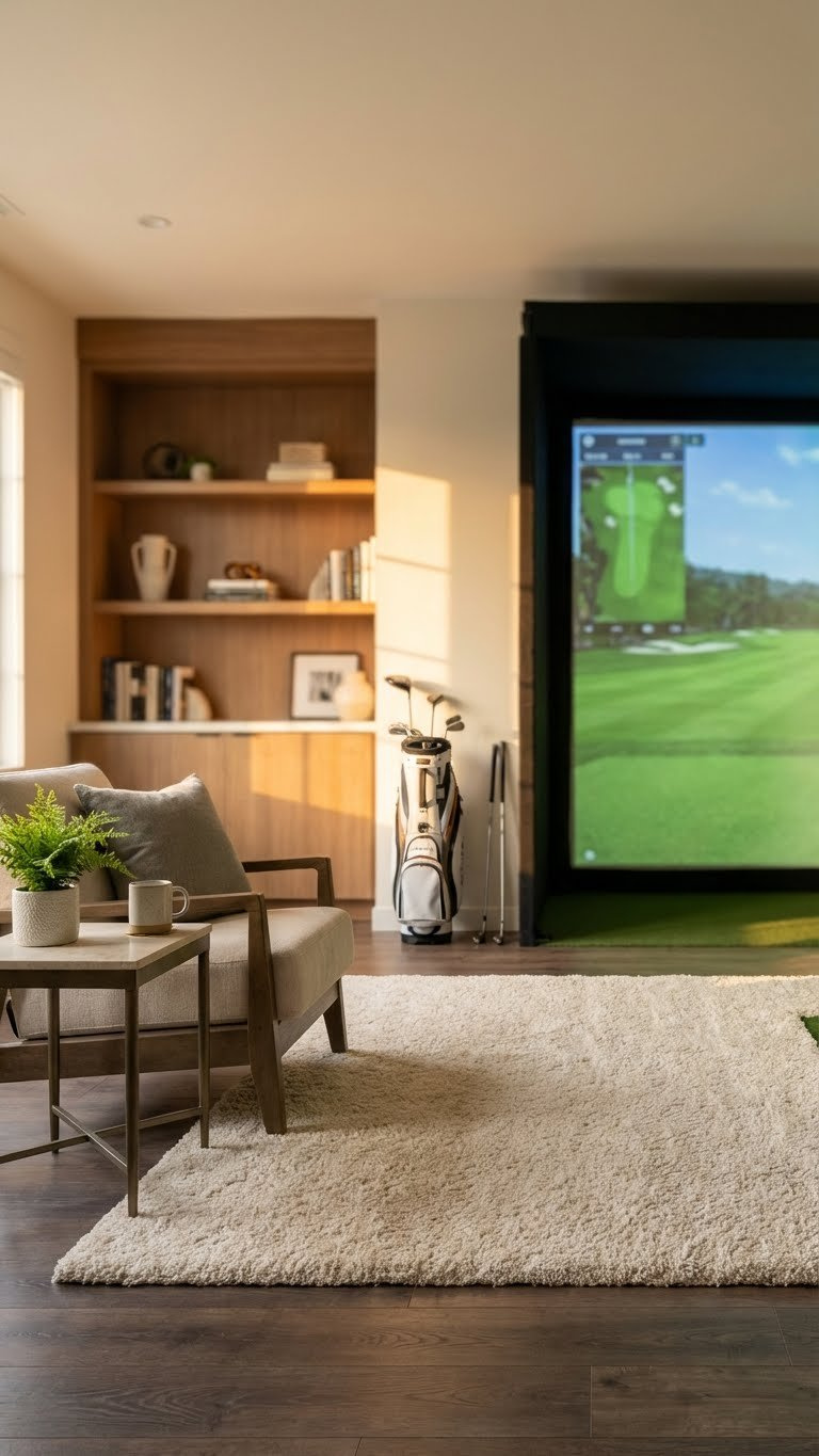 Inviting Bonus Room Golf Simulator With Comfortable Seating, An Expansive Impact Screen, And Warm Lighting For A Premium Home Experience.