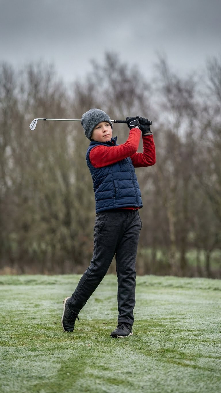 Junior Golfer In Layered Cold Weather Outfit: Golf Vest, Thermal Pants, Gloves, Swinging On A Chilly Course.