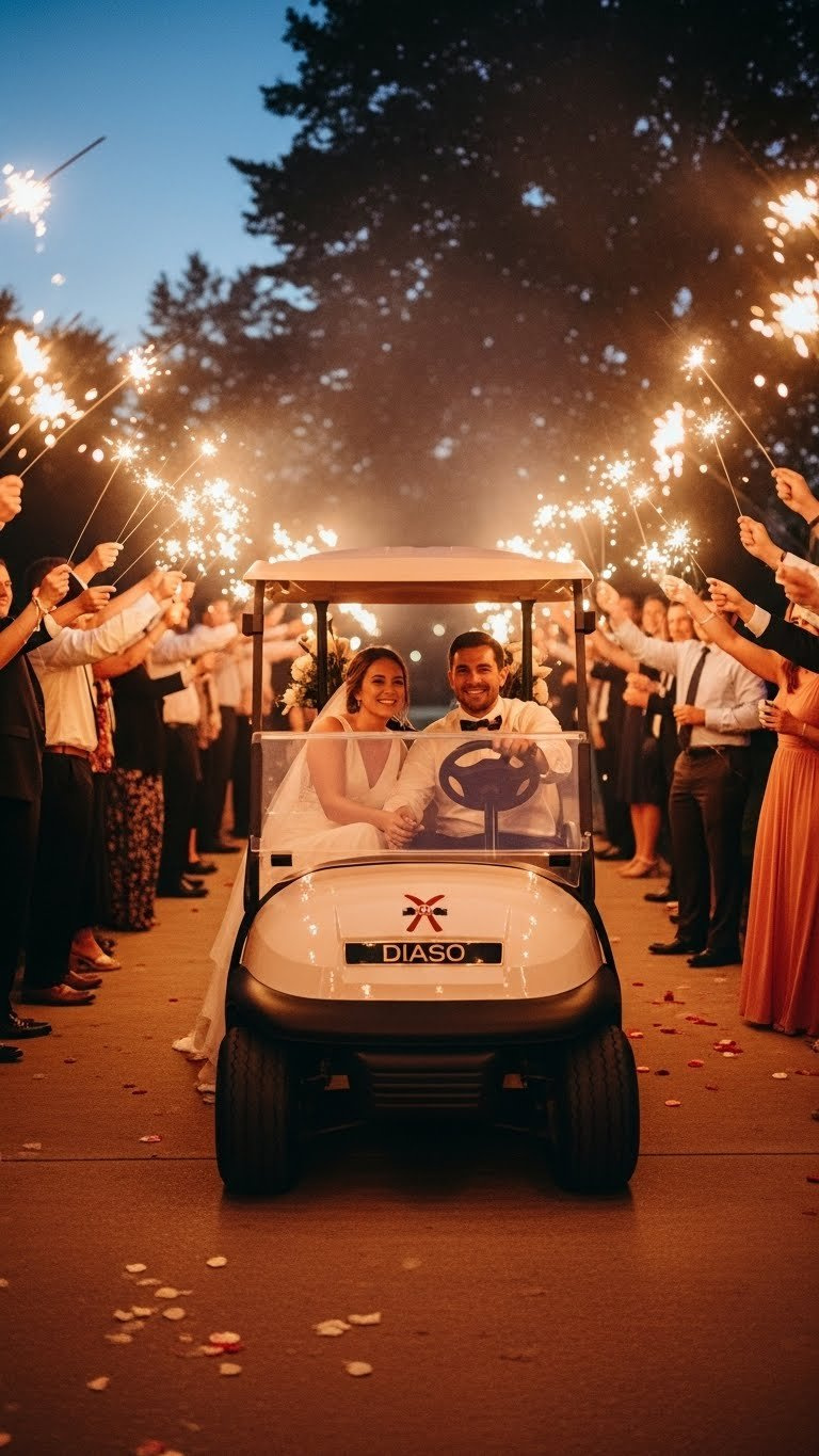 Just Married Golf Cart Driving Through Sparkler Tunnel With Smiling Bride And Groom Surrounded By Cheering Wedding Guests