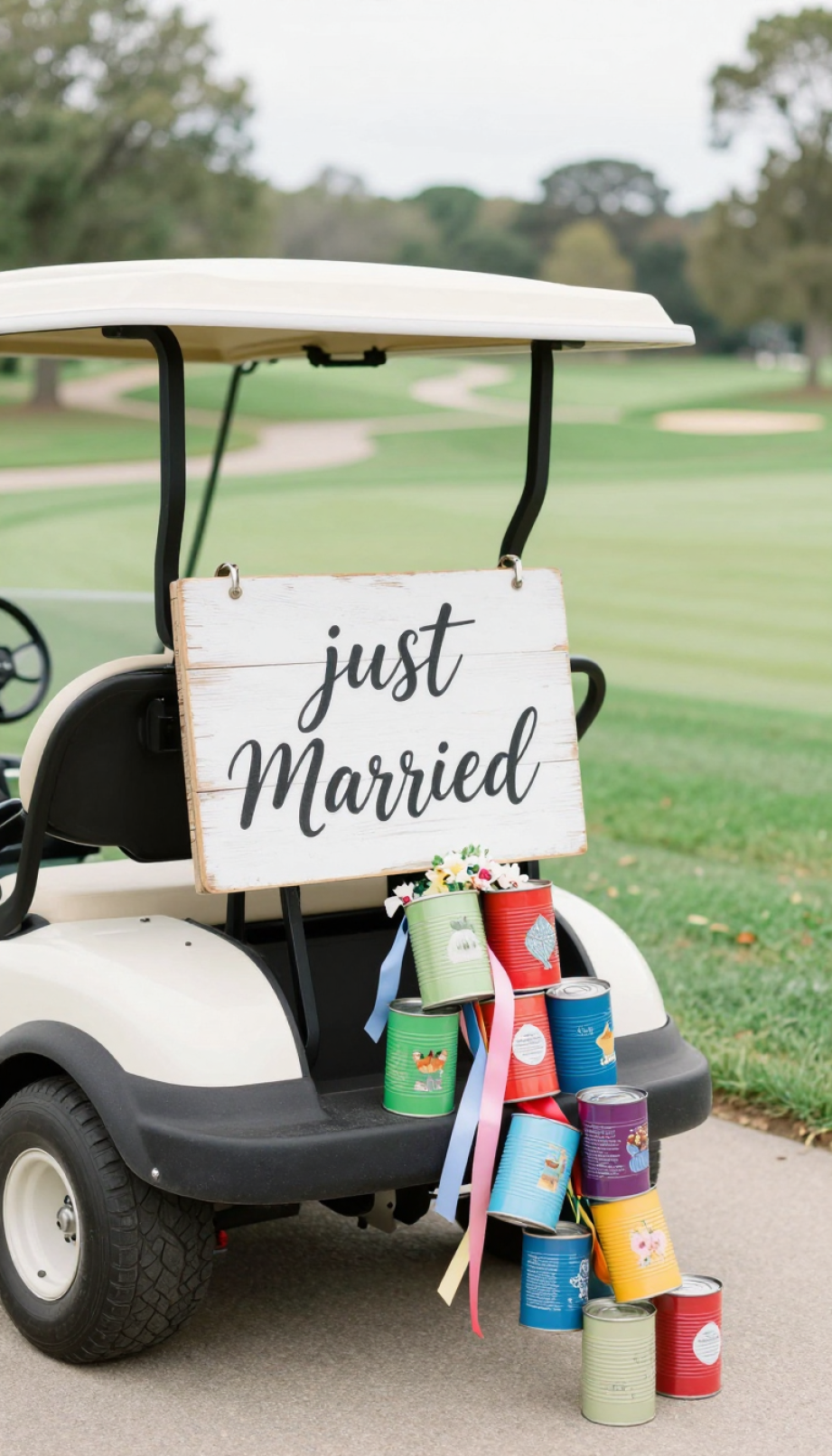 Just Married Golf Cart With Rustic Whitewashed Wood Sign And Colorful Tin Cans Trailing Behind On Golf Course Path.