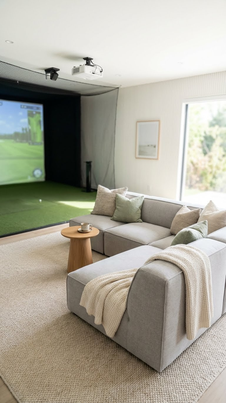 7 Spectator Seating Ideas For Your Home Golf Simulator Room L-Shaped Modular Sofa With Throw Pillows And A Coffee Cup Creates A Versatile Lounge Facing A Modern Home Golf Simulator Screen.