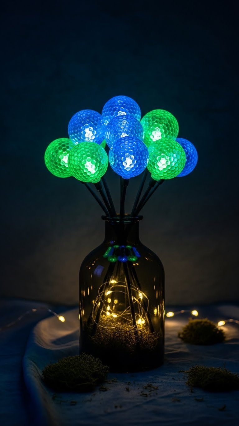 Led Glow Golf Ball Bouquet With Green And Blue Light-Up Balls In A Smoked Glass Vase On A Dark Textured Surface.