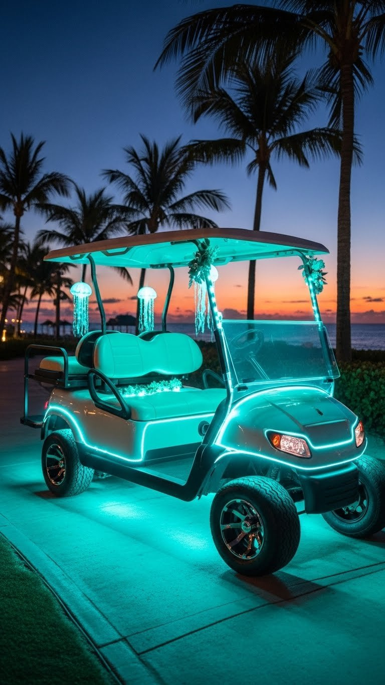 Led Illuminated Golf Cart Glowing With Aqua Lights During Twilight Beach Setting
