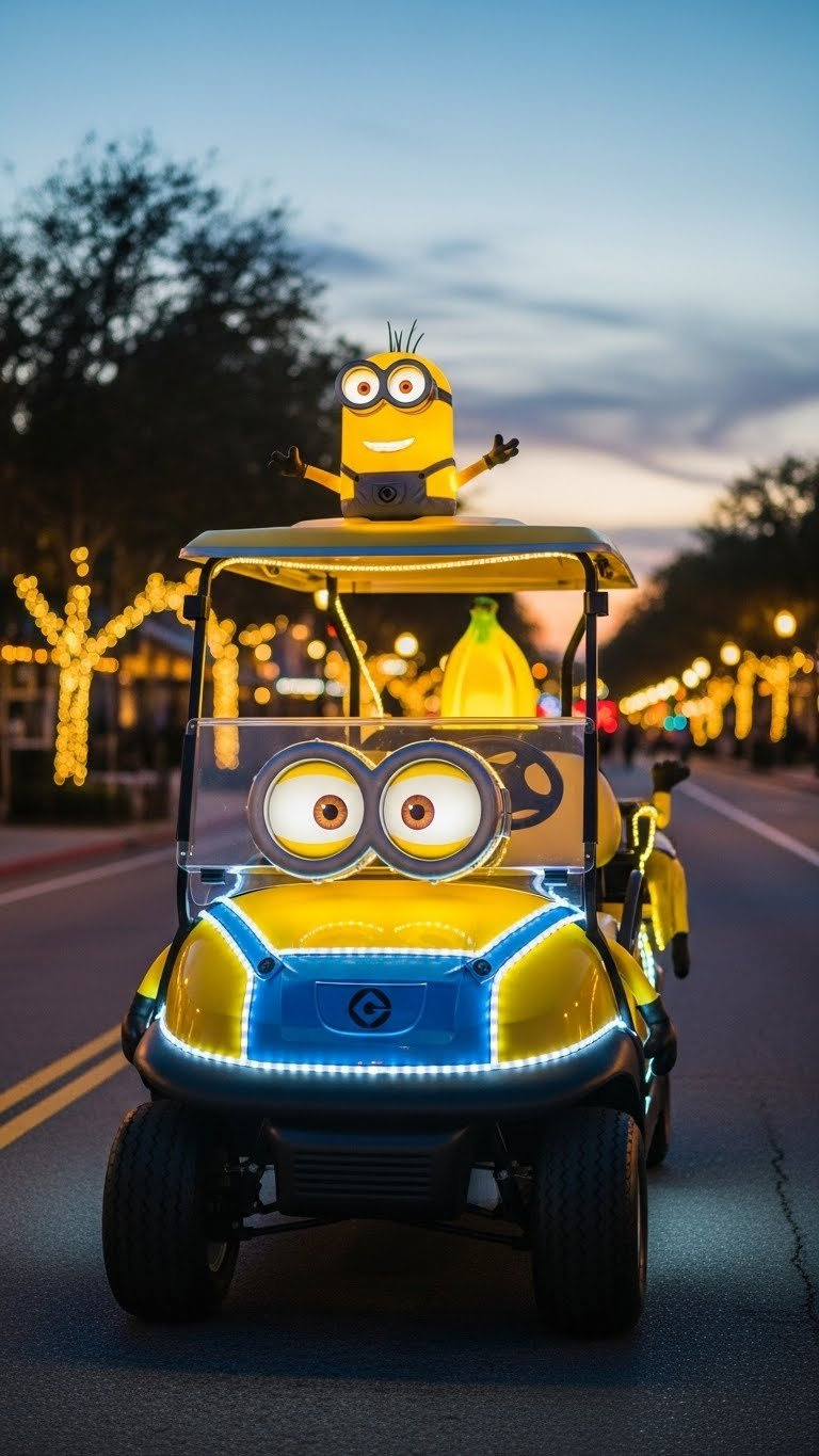 Led-Lit Minion Golf Cart Glowing Yellow And Blue At Dusk With Oversized Goggles Outlined In Festive Lights