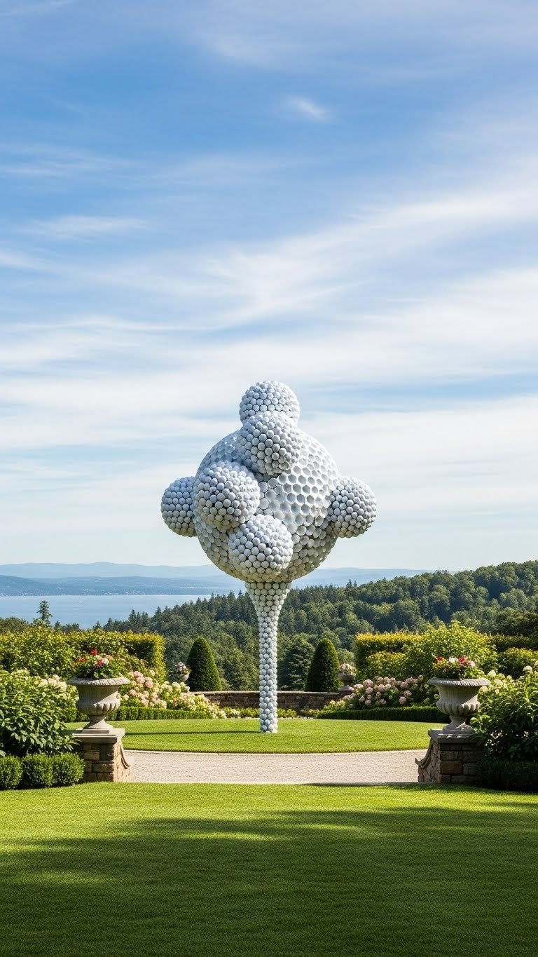 Large Golf Ball Sculpture Serving As Striking Garden Focal Point With Abstract Form Against Manicured Lawn Backdrop.