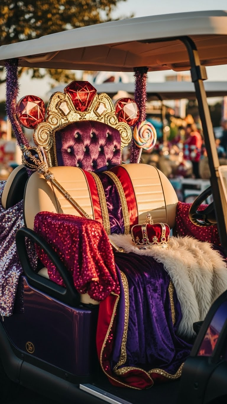 Candy Land Golf Cart: 11 Stunning Ideas To Win Any Parade Lavish Throne-Like Seat On Golf Cart With Velvet Fabrics Gold Trim And Oversized Candy Jewels