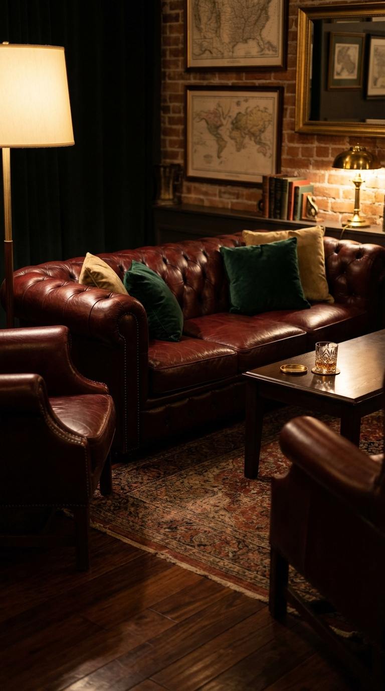 Speak Easy Golf Simulator Room Design Guide For Luxury Homes Leather Chesterfield Sofa And Armchairs In Speakeasy Lounge With Vintage Decor And Warm Lighting