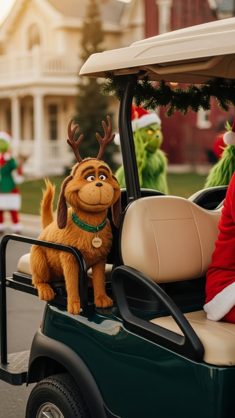 Life-Sized Max The Dog Prop With Signature Reindeer Antler Riding Along On The Side Of A Grinch Golf Cart During Festive Parade Celebrations.