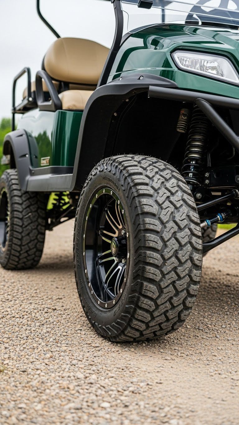 Lifted Electric Golf Cart Wheel Well Showcasing Aggressive Off-Road Tires, Custom Suspension Components, And Rugged Trail-Ready Stance.