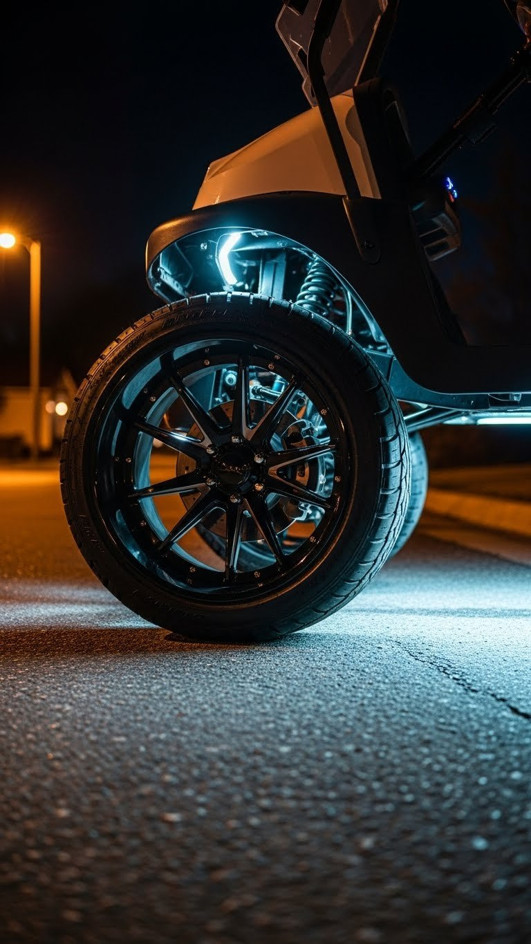 Lifted Golf Cart With Aggressive Black Alloy Wheels And Low Profile Tires Showcasing Custom Suspension
