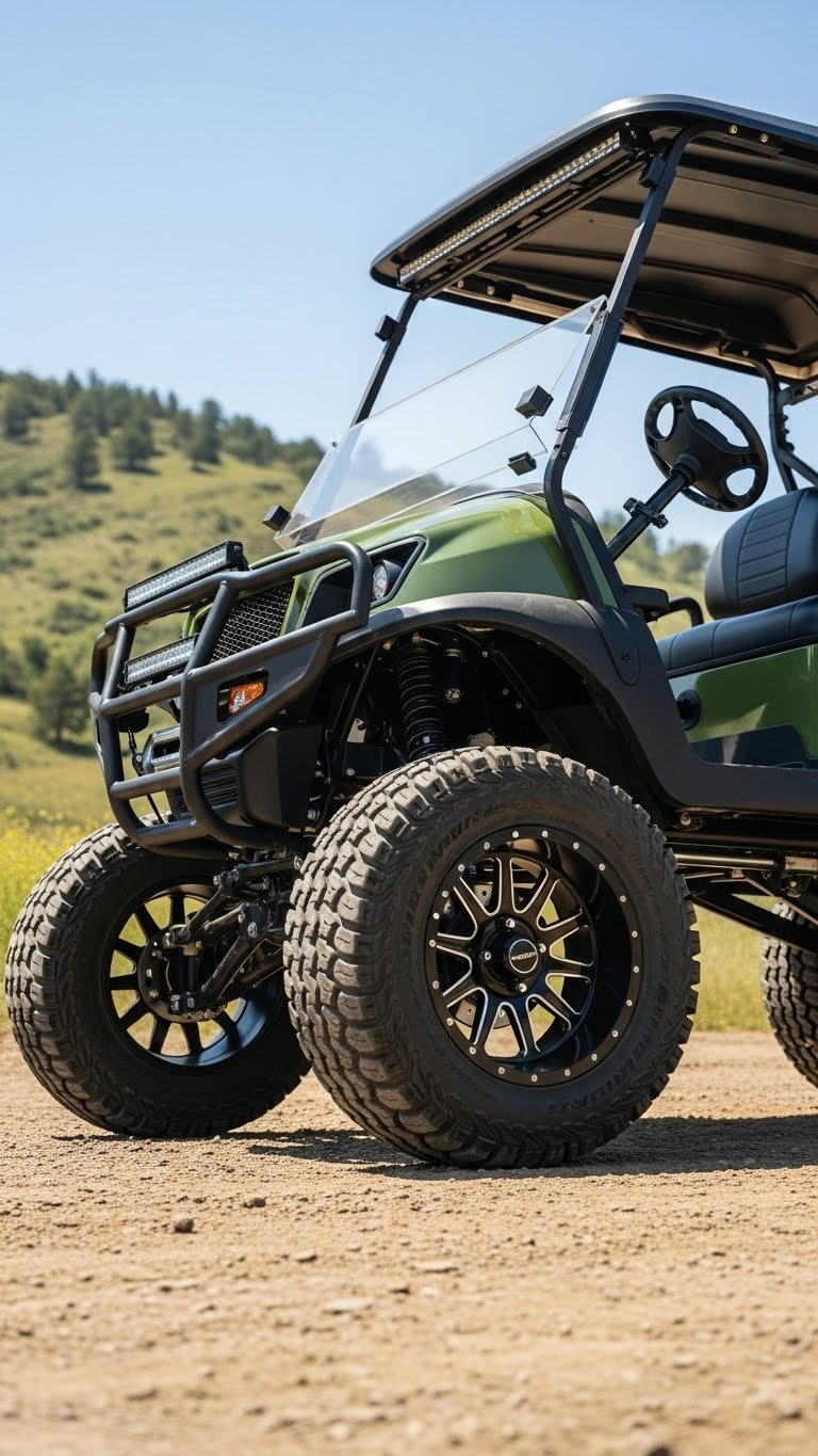 Lifted Golf Cart With All-Terrain Tires Parked On Dirt Trail In Rugged Outdoor Setting With Green Hills Background.