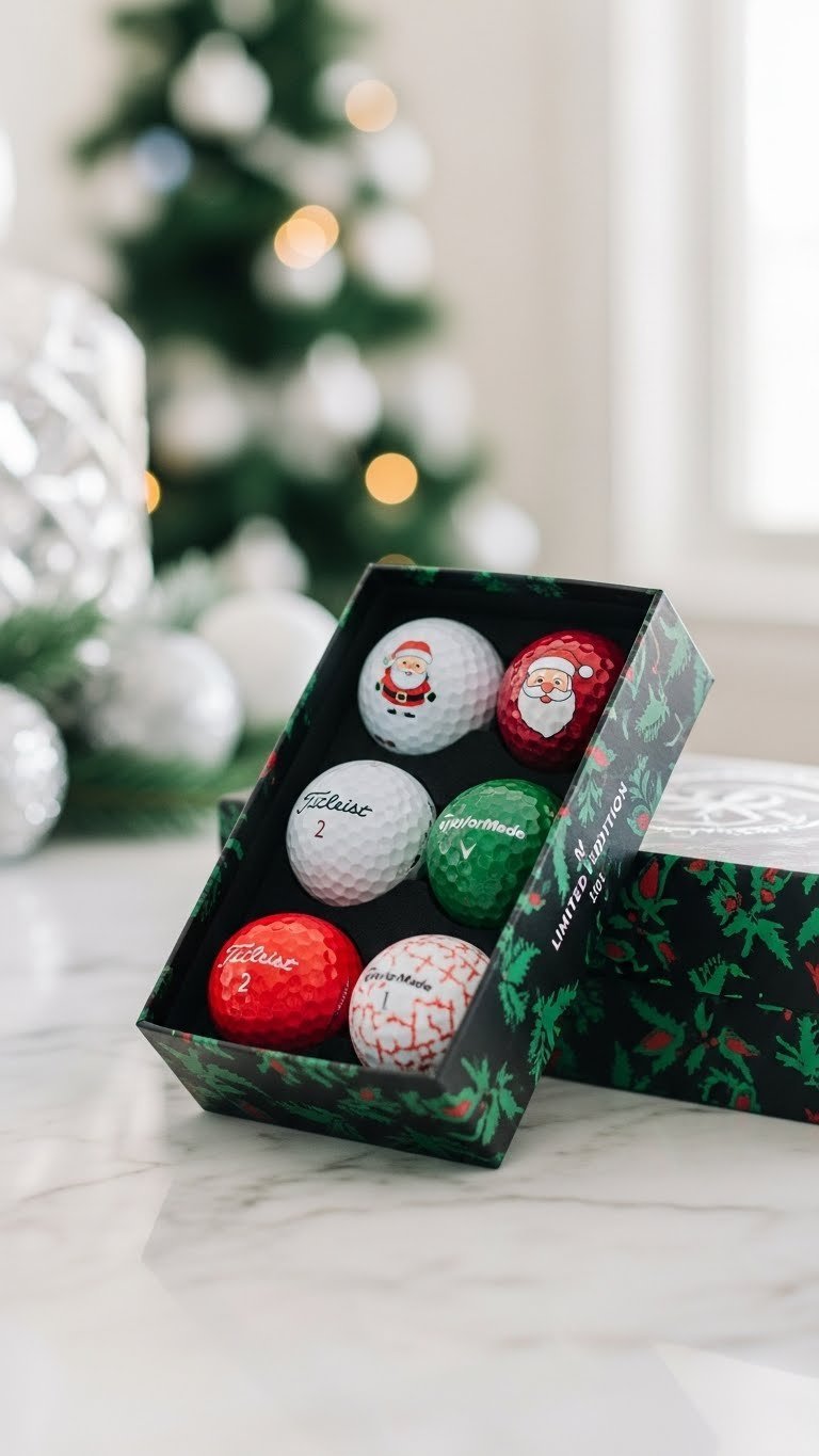 Limited Edition Holiday Golf Ball Set In Premium Packaging Displayed On White Marble Countertop