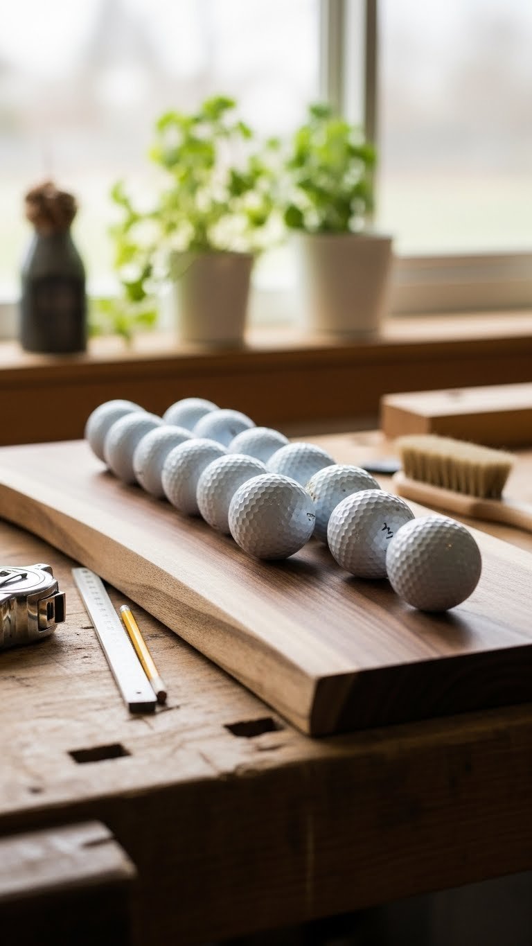 Live Edge Walnut Wood Slab With Various Golf Balls Arranged For Epoxy Table Creation On Rustic Workshop Bench