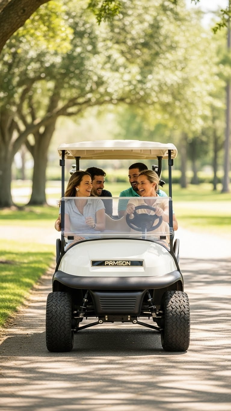 Lively Group Laughing In Lifted Golf Cart With Rugged Tires On Sunny Tree-Lined Resort Path