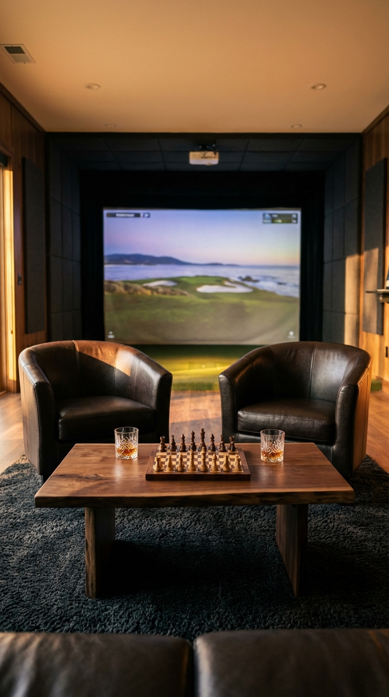 Moody Golf Simulator Room Design Guide For A Luxury Man Cave Lounge Area With Dark Leather Club Chairs Facing Live-Edge Coffee Table And Chess Set In Golf Simulator