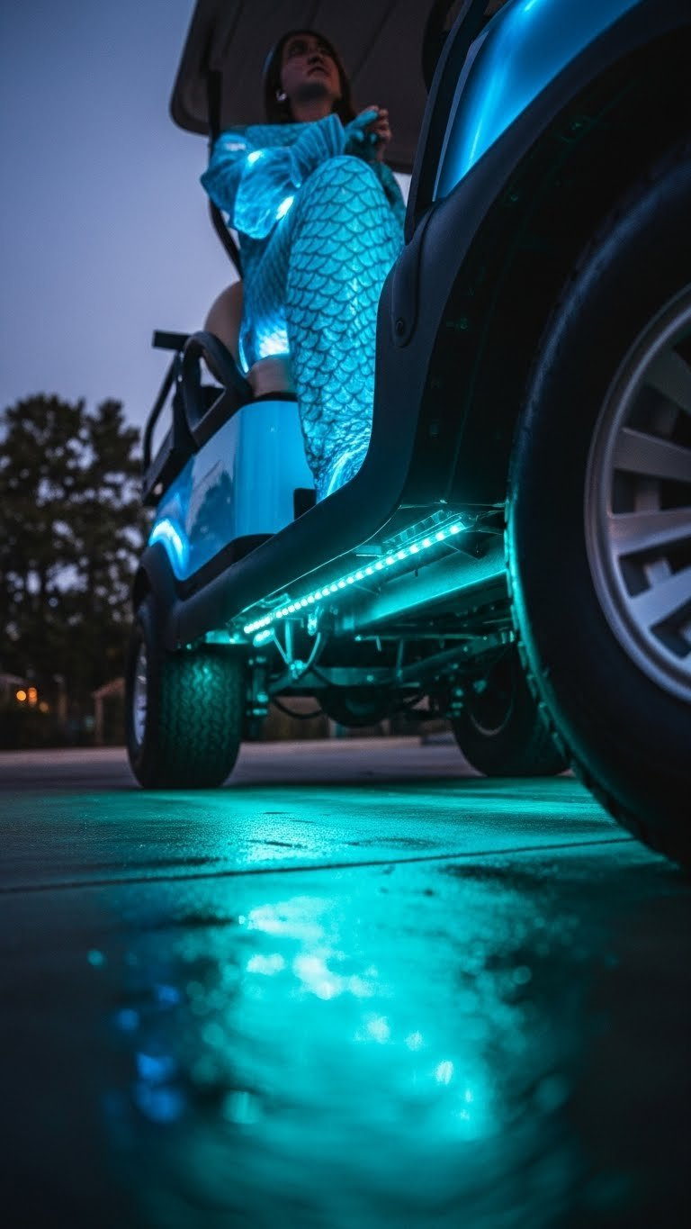 Mermaid Golf Cart Decorating: 13 Proven Diy Ideas Low-Angle Shot Of Mermaid Golf Cart With Blue And Green Led Underwater Lighting Effects Glowing At Twilight