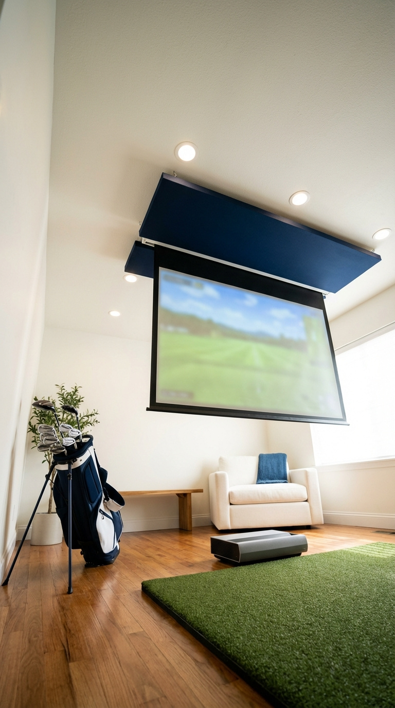 Golf Simulator Room Layout Guide For Perfect Space Planning Low-Ceiling Golf Simulator Solution With Floor-Based Projector And Creative Space Optimization For Height Restrictions