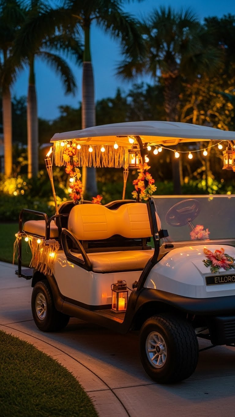 Luau Golf Cart Illuminated With Warm String Lights And Tiki Torches Creating Magical Evening Atmosphere
