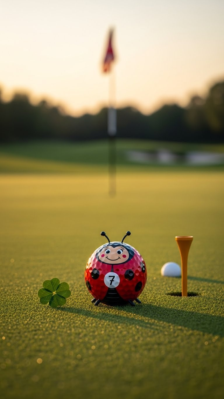 Lucky Ladybug Golf Ball With Friendly Face And Number 7 Spot Resting On Pristine Golf Course Green Grass.