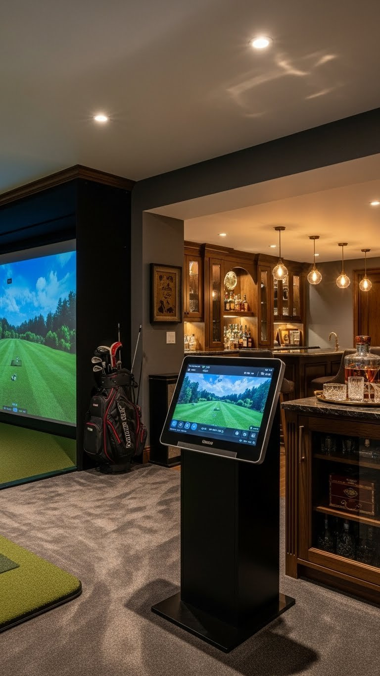 Luxurious Basement Golf Simulator Bar With Dark Wood Cabinetry, Backlit Counter, And Elegant Ambient Lighting
