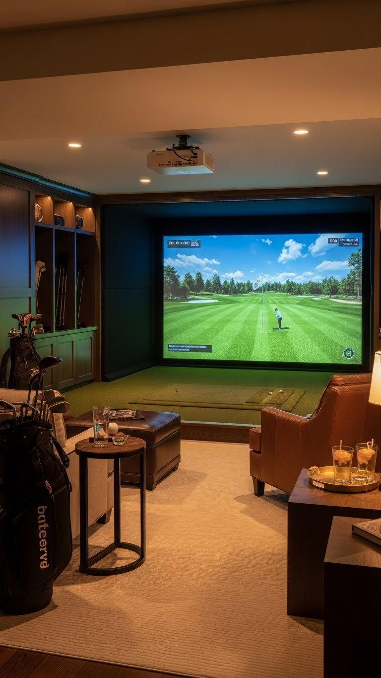 Luxurious Basement Golf Simulator With Plush Seating, Vibrant Course Display Screen, And Warm Ambient Lighting In Cozy Entertainment Space