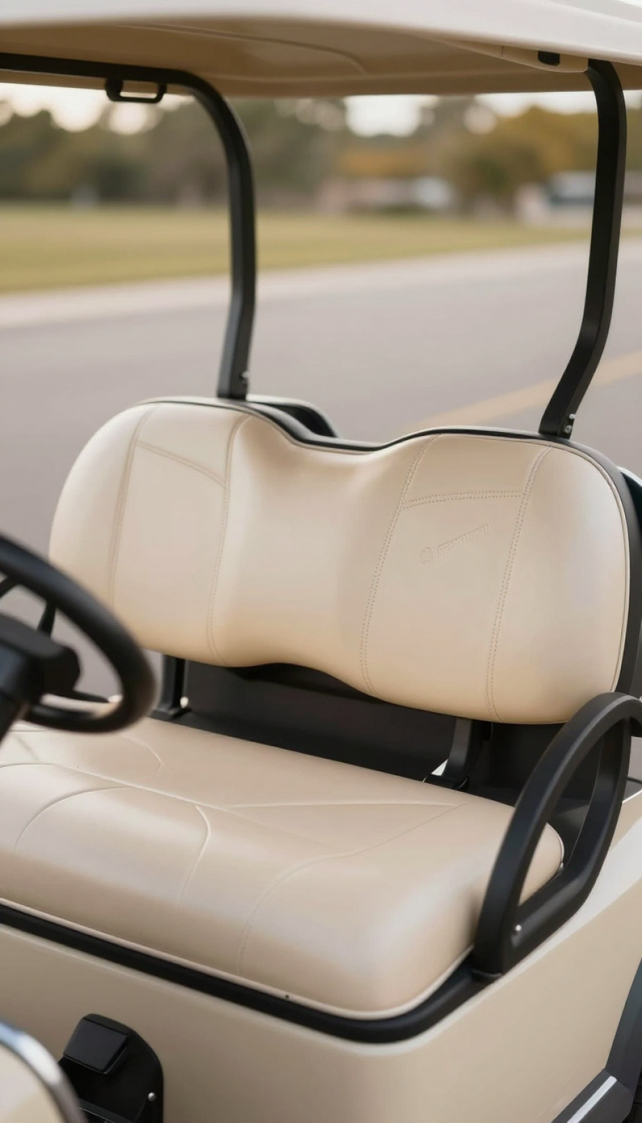 Luxurious Custom Golf Cart Seat With Elegant Diamond-Stitched Upholstery In Warm Cream Tones Against Soft Bokeh Background