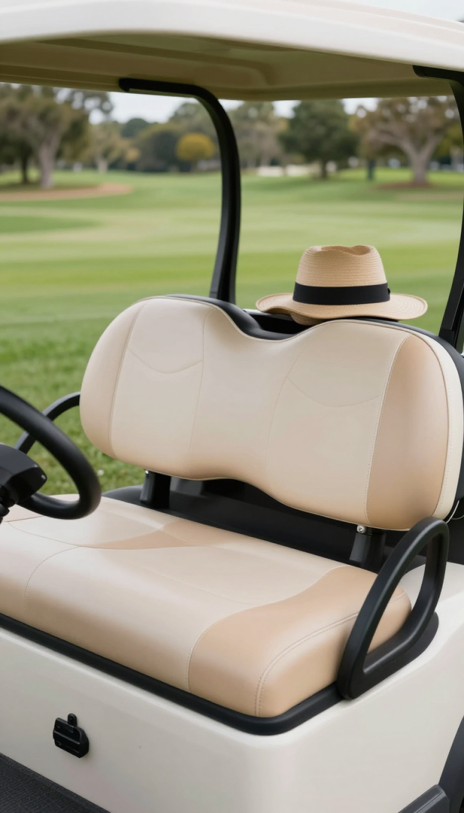 Luxurious Custom Seat Covers Installed On Golf Cart Interior With Marine-Grade Vinyl And Detailed Stitching