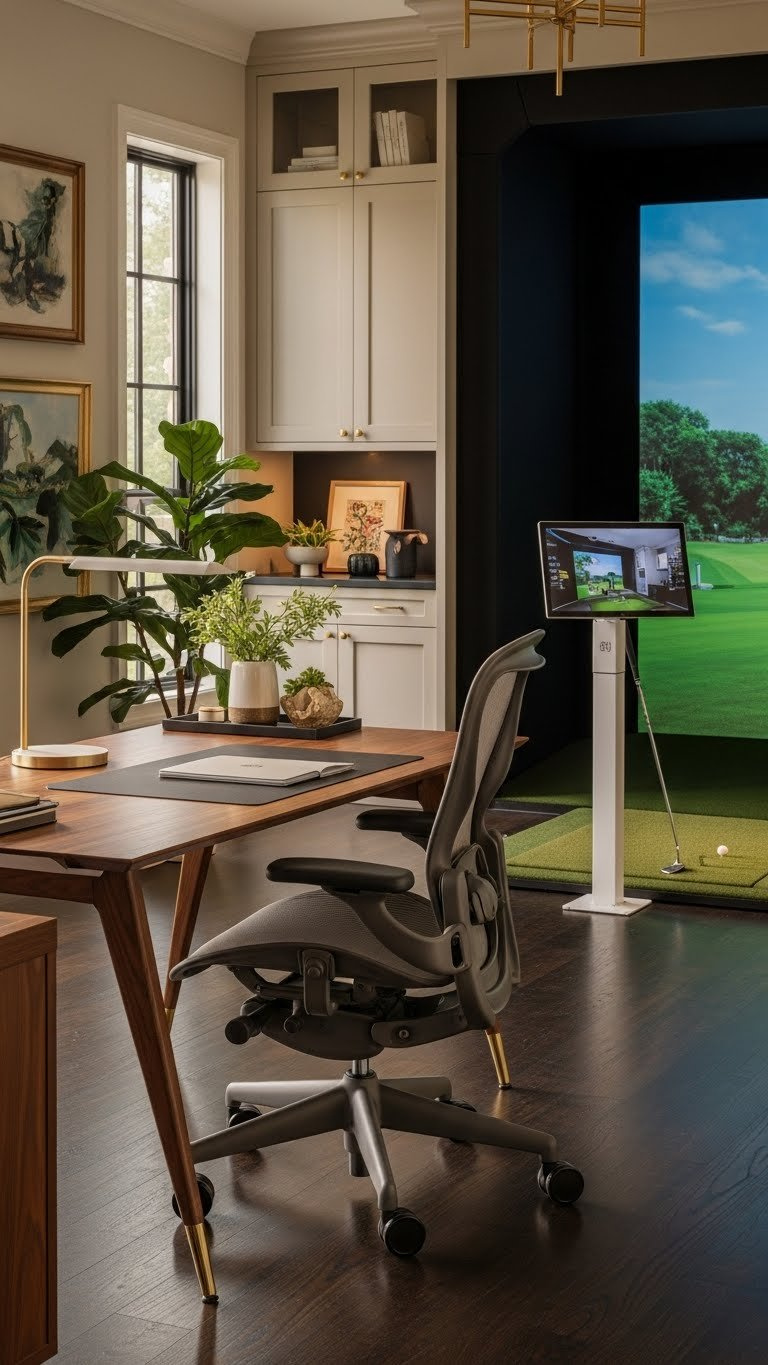 Luxurious Ergonomic Home Office Featuring Standing Desk, Premium Chair, And Integrated Golf Simulator In Golden Hour Lighting.