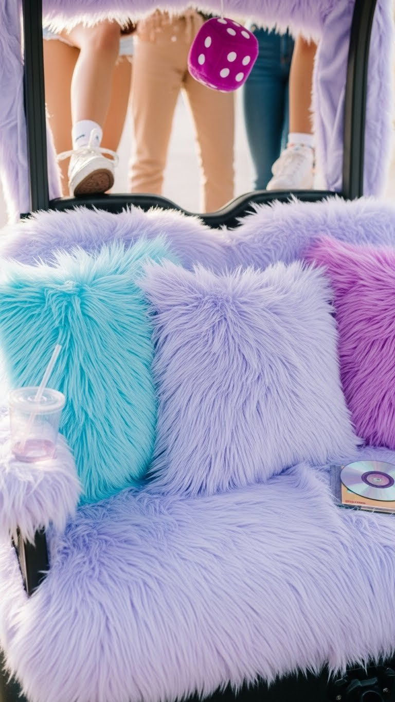Luxurious Faux Fur Seating In Lavender Golf Cart Interior With Fluffy Pillows And Retro Accessories Visible In Cozy Close-Up